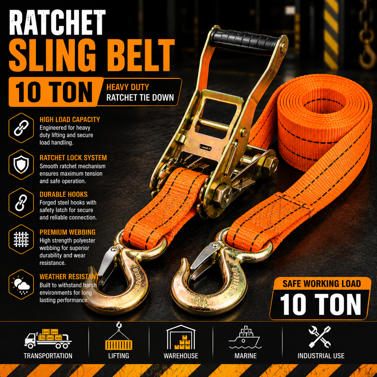 Ratchet Sling Belt 10 Ton × 10 Meter