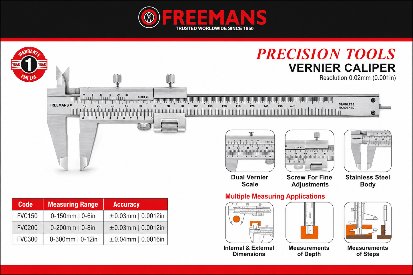 FREEMANS FVC300 Vernier Caliper (0-300mm) – Hardened Stainless Steel